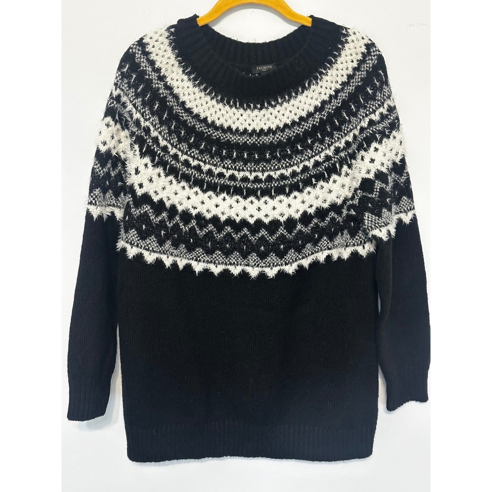 Talbots Plus Womens 1X Fair Isle Eyelash Metallic Knit Sweater Black White